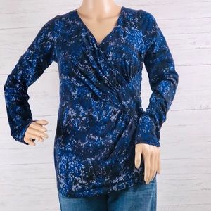 CAbi | Blue Diamond Faux Wrap Ruched Top - L